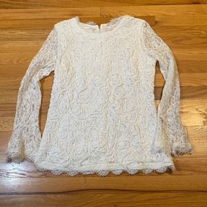 Soft Surroundings Lilith Top Sz M Textured Lace Bell Sleeve High Neck Boho White